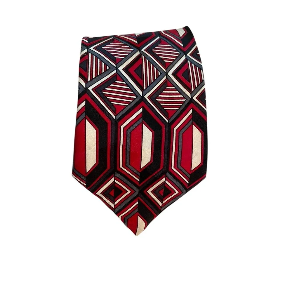 Screenplay by Martin Wong Mens Geometric Art Deco Silk Necktie Red Black White